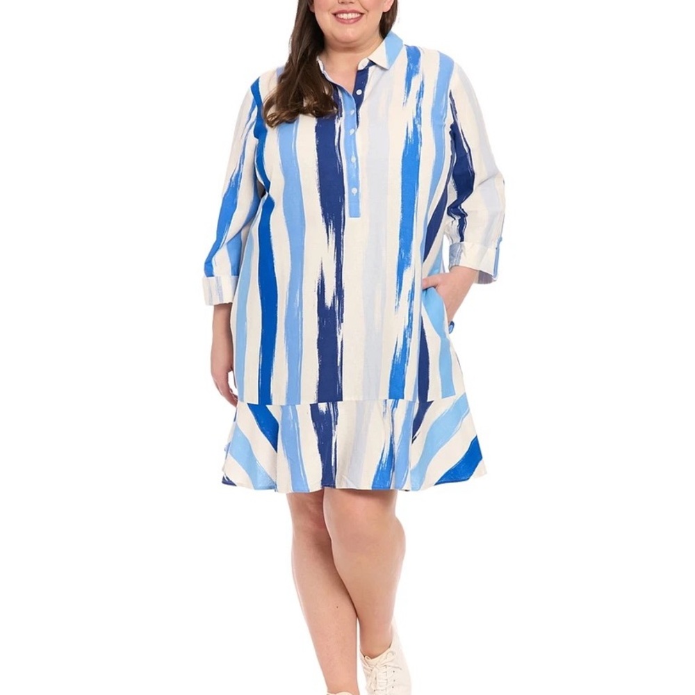 London Times Plus Linen blend Printed Flounce-Hem Shift Dress